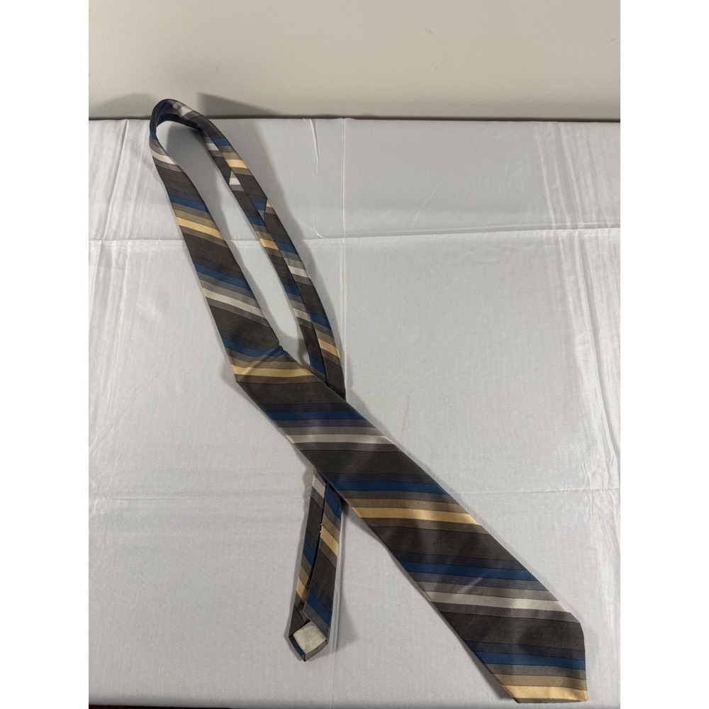 Vintage Wembley Wemsilk Striped Necktie Blue Grey Tan Brown Blended Fabric Tie